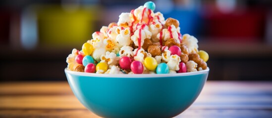 Bowl filled with delicious popcorn covered in colorful sprinkles and candy pieces, creating a sweet and savory treat