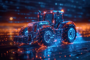 3d rendering illustration Agriculture and Farming car truck.hologram futuristic show technology security for premium product business finance. Harvester trucks, tractors, farmers and village farm