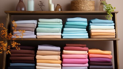  Neatly folded clothes and linens on wooden shelves in a bright