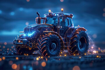 3d rendering illustration Agriculture and Farming car truck.hologram futuristic show technology security for premium product business finance. Harvester trucks, tractors, farmers and village farm - obrazy, fototapety, plakaty