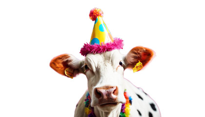 vibrant cute background. Funny cow wearing colorful party hat confetti friendly brithday studio ai generative calf domestic farm animal birthday humorous celebration
