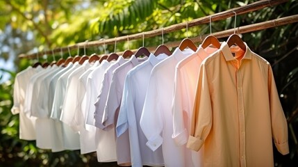  Neatly hung mens shirts in a row on a clothesline outdoors