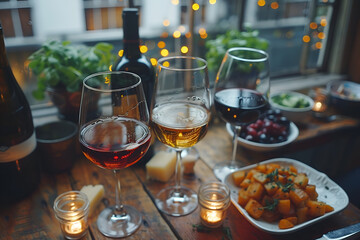 Exquisite wine glasses arranged elegantly on a table, inviting a moment of indulgence and relaxation. Inviting wine set amidst beautiful lighting, perfect for romantic dinner or celebratory gathering