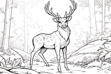 Rolgordijnen A forest scene coloring page with a deer. Perfect for children's coloring books. Illustrated in black and white outline. © elinorka