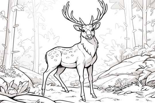 A forest scene coloring page with a deer. Perfect for children's coloring books. Illustrated in black and white outline.