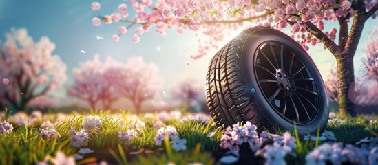 summer tires in the blooming spring in the sun - time for summer tires. - obrazy, fototapety, plakaty