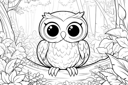 A forest scene coloring page with a owl. Perfect for children's coloring books. Illustrated in black and white outline.
