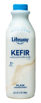 Bottle of Lifeway brand unsweetened plain cultured 1% low-fat milk kefir isolated on transparent background png