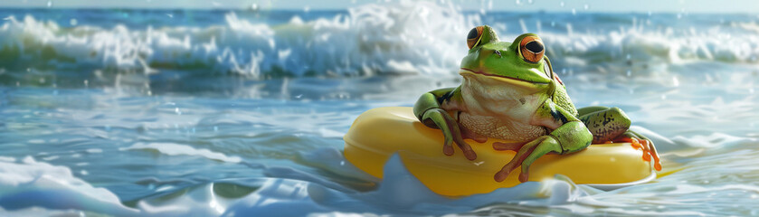 A frog is sitting on a yellow rubber raft in the ocean. The frog is smiling and he is enjoying its time in the water. The scene is playful and lighthearted, with the frog seemingly having a fun - obrazy, fototapety, plakaty