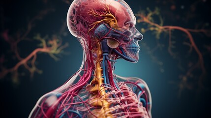 Human nervous vascular muscle system. Head shoot. Anatomically incorrect abstract background