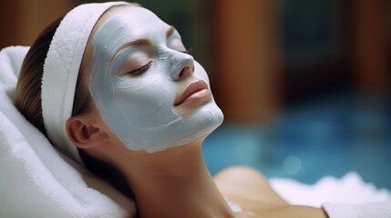 Woman with blue sea clay mask on face getting  treatment in spa beauty salon. Face care and massage with cosmetics in wellness center