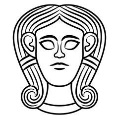 Head of goddess Astarte or Hathor. Ethnic mask. Antique female face. Black and white linear silhouette.