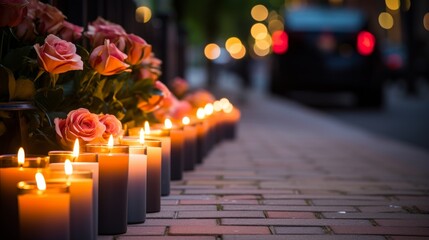 Several lit candles placed on a sidewalk, creating a warm glow in the evening