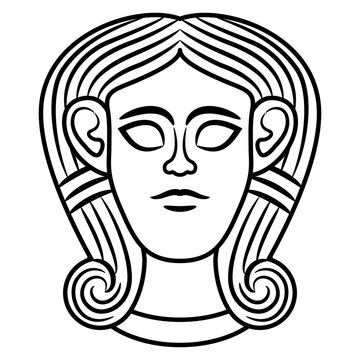 recommend clip art: Head of goddess Astarte or Hathor. Ethnic mask. Antique female face. Black and white linear silhouette.