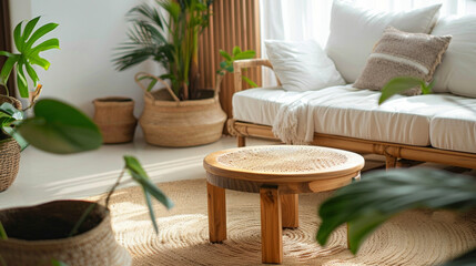 This minimalist living room is bathed in warm natural light highlighting the natural textures of the wooden furniture and plants tered . .