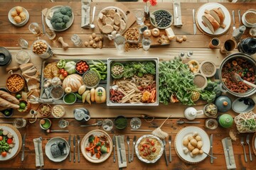 Overhead View of Diverse and Colorful Assortment of Fresh Organic Vegetables, Meats, and Herbs Spread Out on Wooden Table for Healthy Cooking