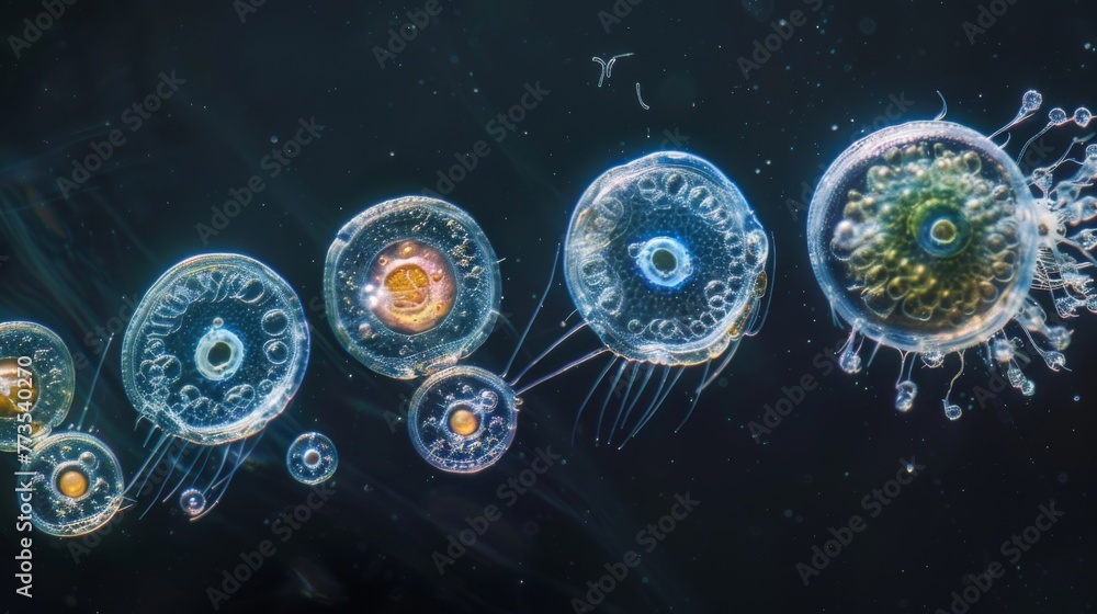 Poster a series of microscopic images capturing the different stages of a s life cycle from egg to larvae t