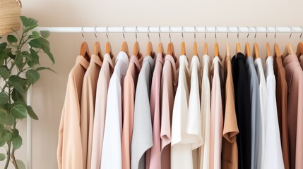 Stylish clothes are hanging in closet on clothing rack hangers