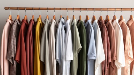 Stylish clothes are hanging in closet on clothing rack hangers