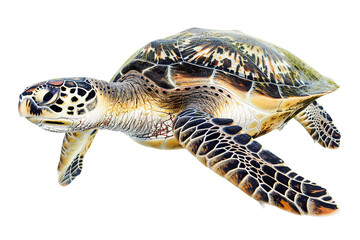 Fototapeta premium a serene sea turtle isolated on a white background, highlighting its graceful movements and ancient wisdom PNG