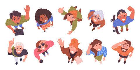 People looking upwards. Male and female characters top view look up, men and women view from above amazed something in sky flat vector illustration set. Cartoon people staring up