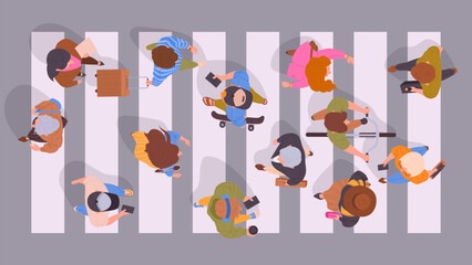 People on crosswalk top view. Pedestrians walking down the street view from above, male and female passersby crossing road flat vector illustration set. Characters crossing road top view - obrazy, fototapety, plakaty