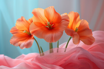Close-up of bright orange blossoms on flowing pink chiffon hinting at spring and renewal. Wedding decoration with light blue background.