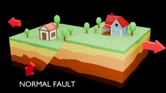 Types of faults in geology 3D animation. Earthquake formation structure. Educational video animation