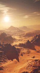 A panoramic view of a desert planet, with vast sandy dunes, rocky outcrops, and a blazing sun casting long shadows across the arid landscape.