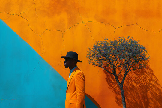 A striking image of a man in a vibrant orange suit with dark hat juxtaposed against a textured orange and blue wall with a tree shadow.