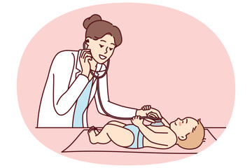 Woman pediatrician using stethoscope to listen to heartbeat of nursing baby at routine medical checkup. Kid lies near girl in white coat who takes care of health of small patient