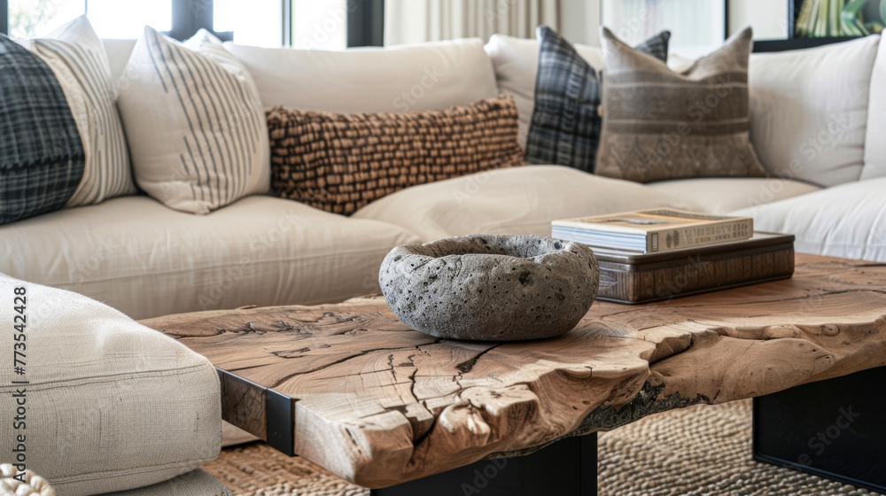 Poster natural wood accents such as a coffee table and side tables add warmth to the predominantly neutral 