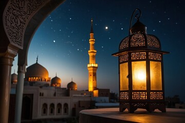 view of a mosque with a lantern in the foreground, arabian night - obrazy, fototapety, plakaty