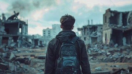 A survivor stands amidst the ruins of a oncethriving city back turned to the remnants of society as they forge own path . . - obrazy, fototapety, plakaty