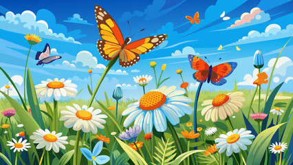 Fototapeta na wymiar beautiful-field-meadow-flowers-chamomile background vector illustration 