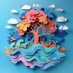Fototapeta na wymiar colorfull paper cut style off tree, ocean on blue background
