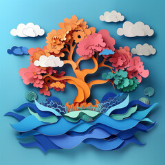 colorfull paper cut style off tree, ocean on blue background