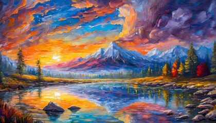 Fototapeta na wymiar Colorful abstract sunset over river and mountains acrylic oil painting, pallet knife on canvas