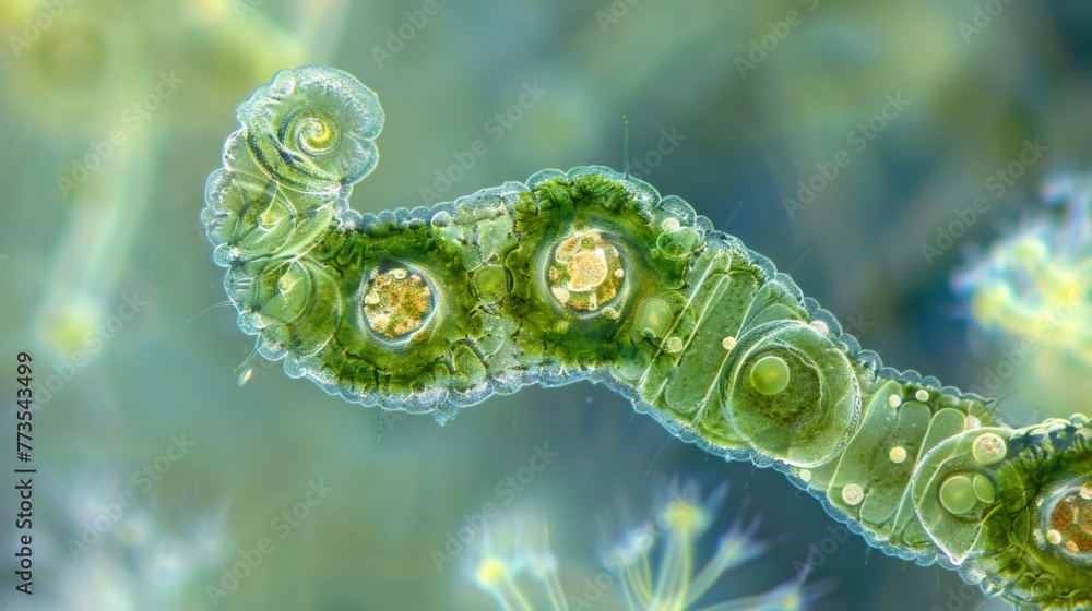 Poster a high magnification image of a single cyanobacteria cell with its distinct spiral shape and pigment