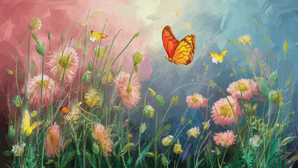 Sublime Blossoms Oil Portrayal of Wildflowers and White Butterflies - obrazy, fototapety, plakaty