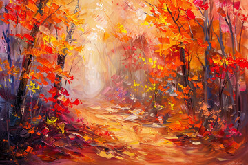 Obraz na płótnie Canvas Abstract oil painting of an autumn forest with warm, vibrant colors.
