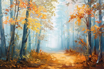 Abstract oil painting of a misty autumn forest.