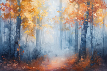 Abstract oil painting of a misty autumn forest.