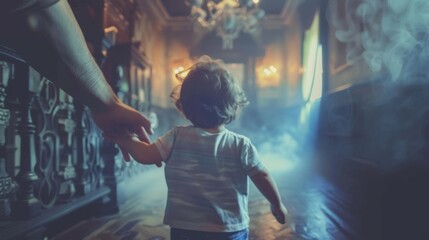 A small child clings to parents hand facing away from the camera as they nervously enter the haunted mansion on first . . - obrazy, fototapety, plakaty