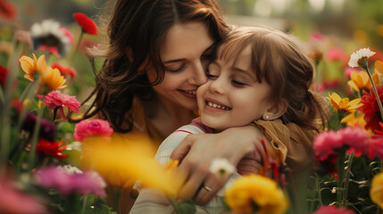 A mother and child hugging at the flower park. A mother's and child bonding. A mother's day concept.