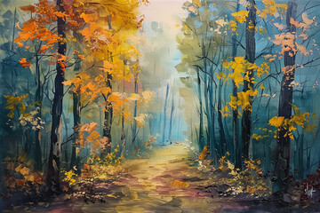 Acrylic painting of a woodland in the autumn.