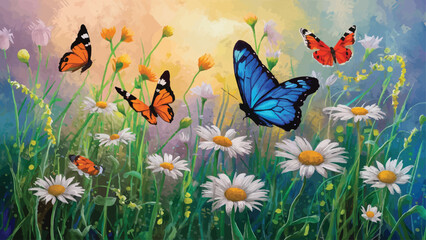 Obraz na płótnie Canvas Sublime Blossoms Oil Portrayal of Wildflowers and White Butterflies
