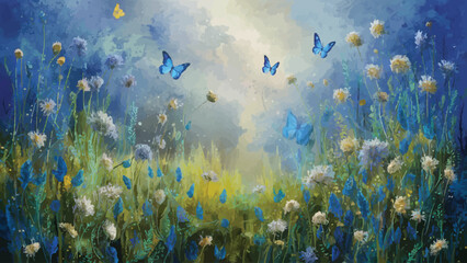 Sublime Blossoms Oil Portrayal of Wildflowers and White Butterflies