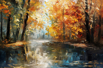 An abstract oil painting of a tranquil forest in autumn.