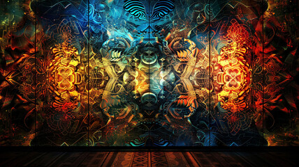 An abstract wall portraying a digital dreamscape with intricate patterns, all